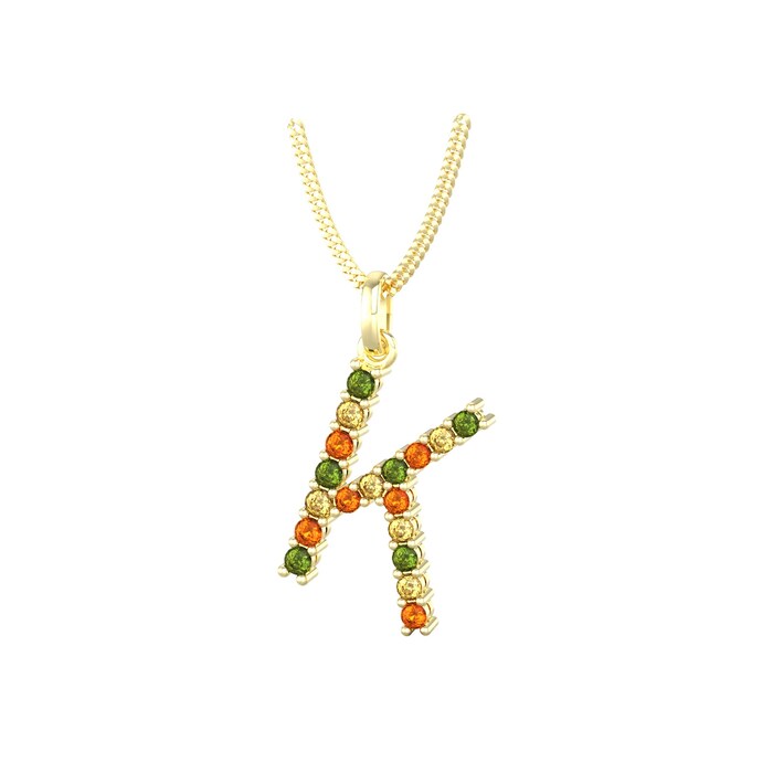 By Request 9ct Yellow Gold Multi Coloured Sapphire Initial K Pendant & Chain