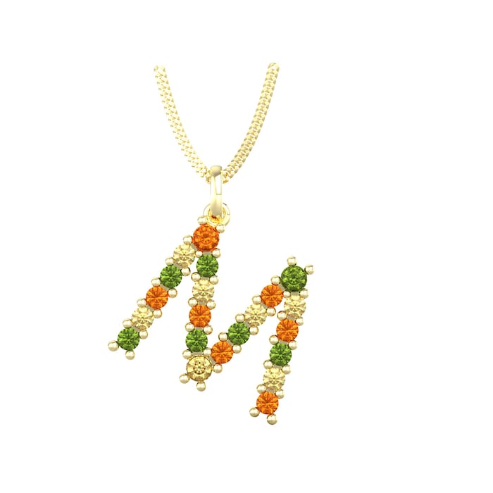 By Request 9ct Yellow Gold Multi Coloured Sapphire Initial M Pendant & Chain