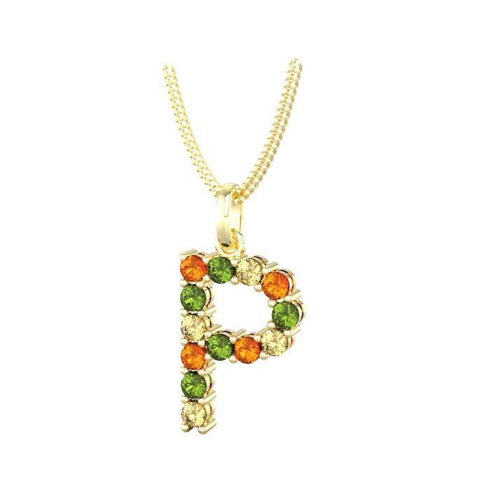 By Request 9ct Yellow Gold Multi Coloured Sapphire Intial P Pendant & Chain