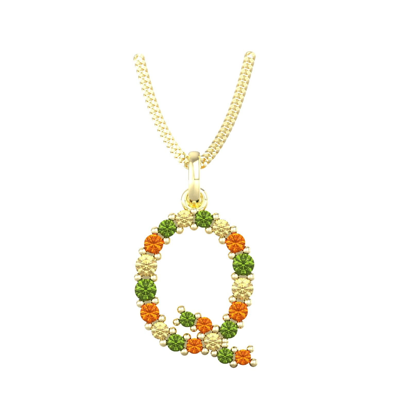 9ct Yellow Gold Multi Coloured Sapphire Initial Q Pendant & Chain