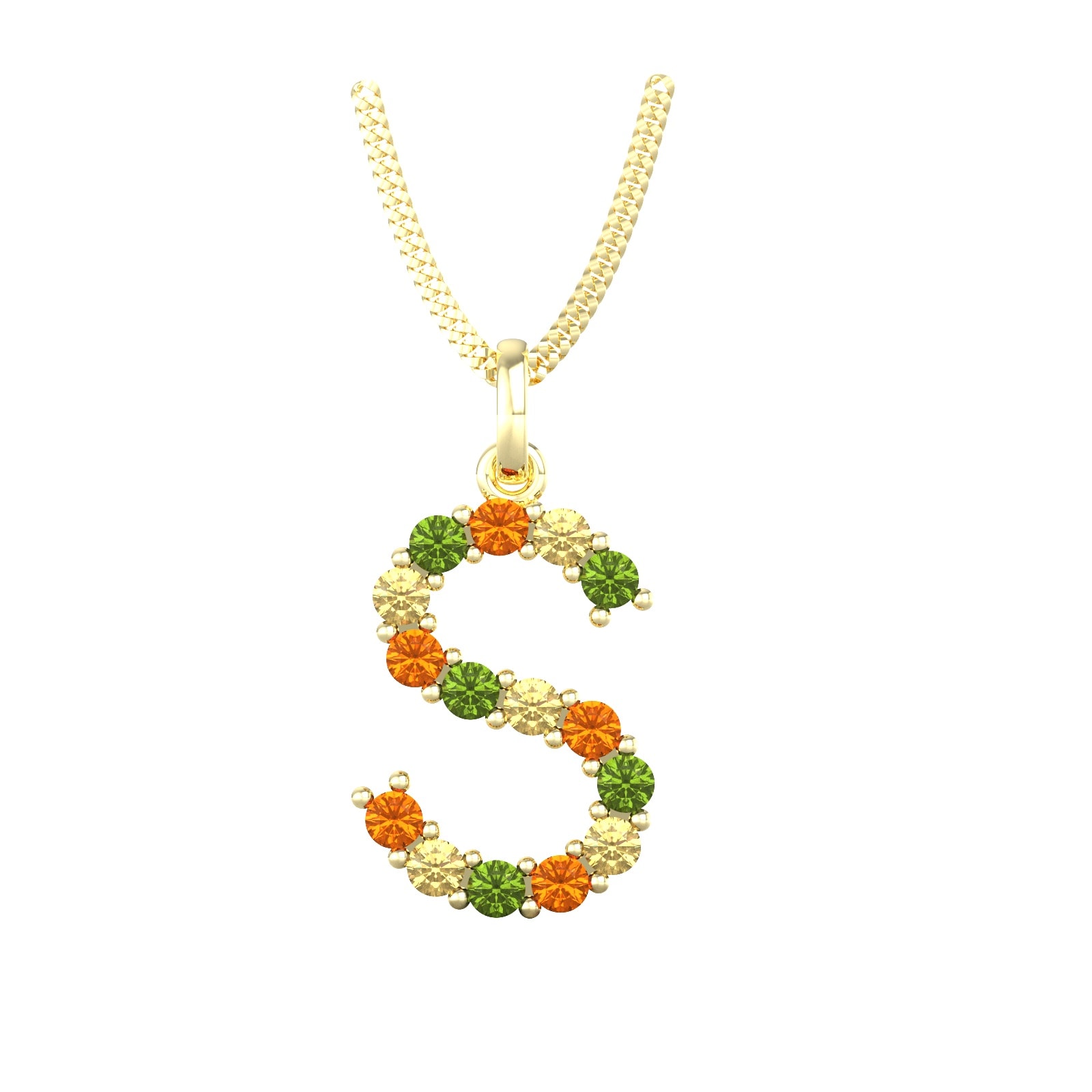 9ct Yellow Gold Multi Coloured Sapphire Initial S Pendant & Chain