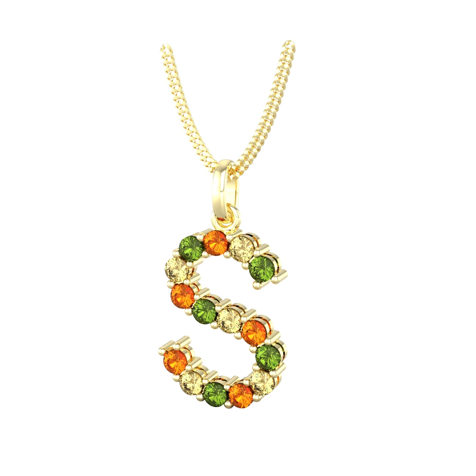 By Request 9ct Yellow Gold Multi Coloured Sapphire Initial S Pendant & Chain
