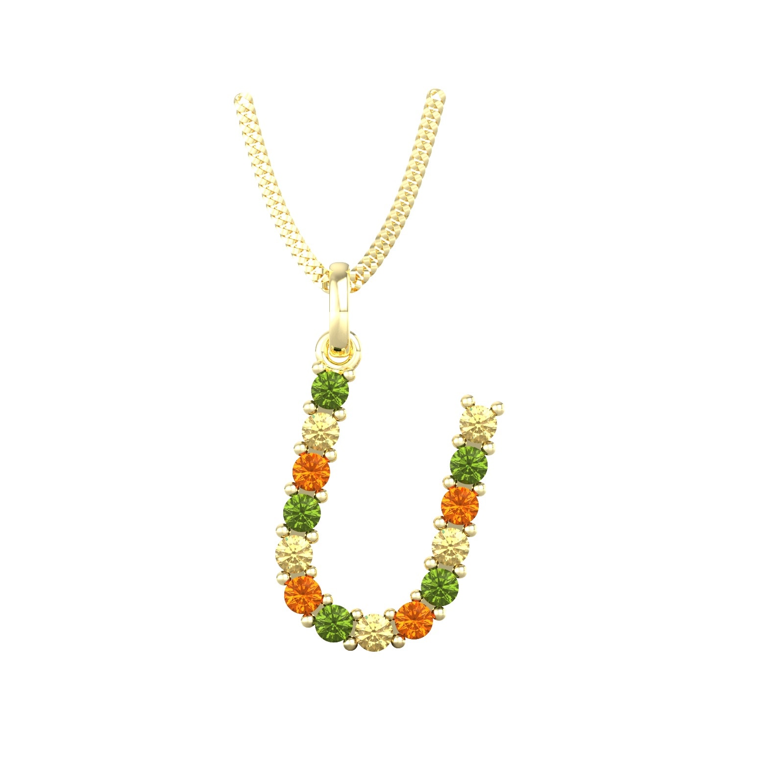 By Request 9ct Yellow Gold Multi Coloured Sapphire Initial U Pendant & Chain