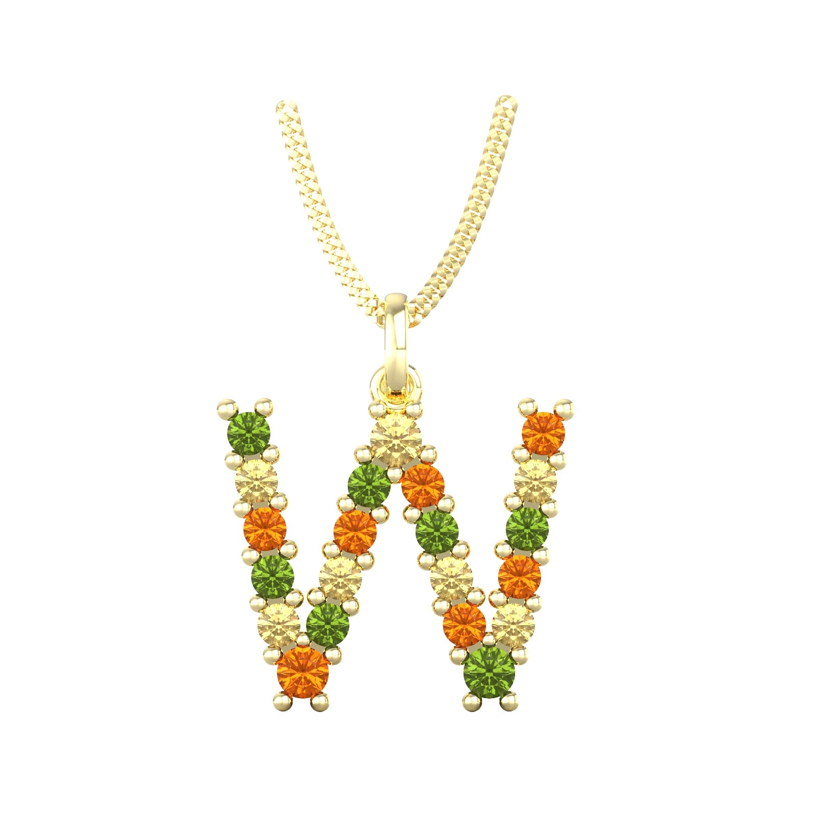 9ct Yellow Gold Multi Coloured Sapphire Initial W Pendant & Chain