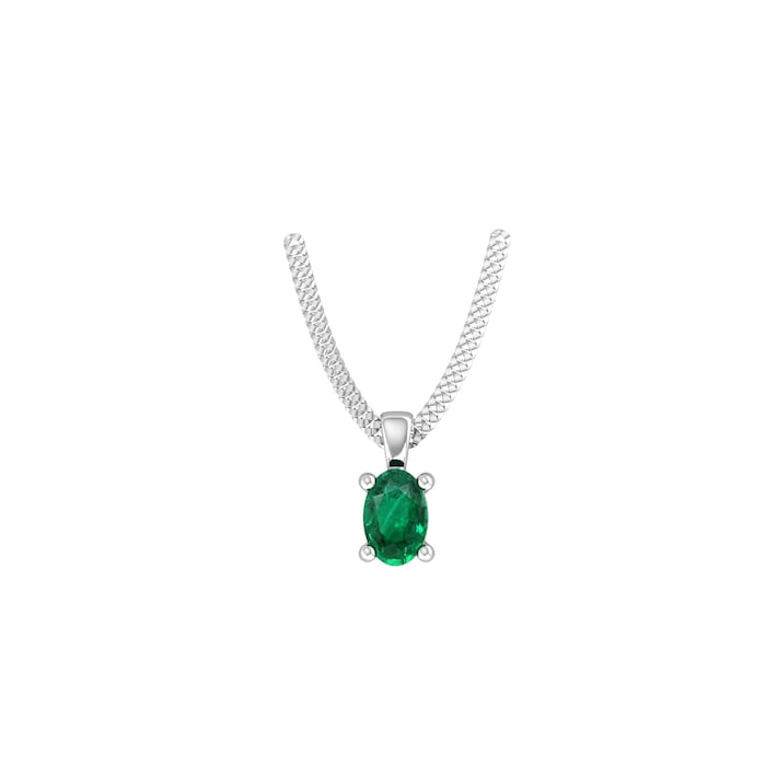 By Request 9ct White Gold 4 Claw Oval Cut Emerald Pendant & Chain