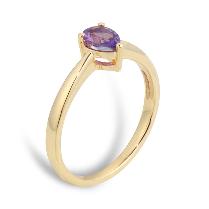 By Request 9ct Yellow Gold 4 Claw Pear Cut Amethyst Ring - Ring Size H.5