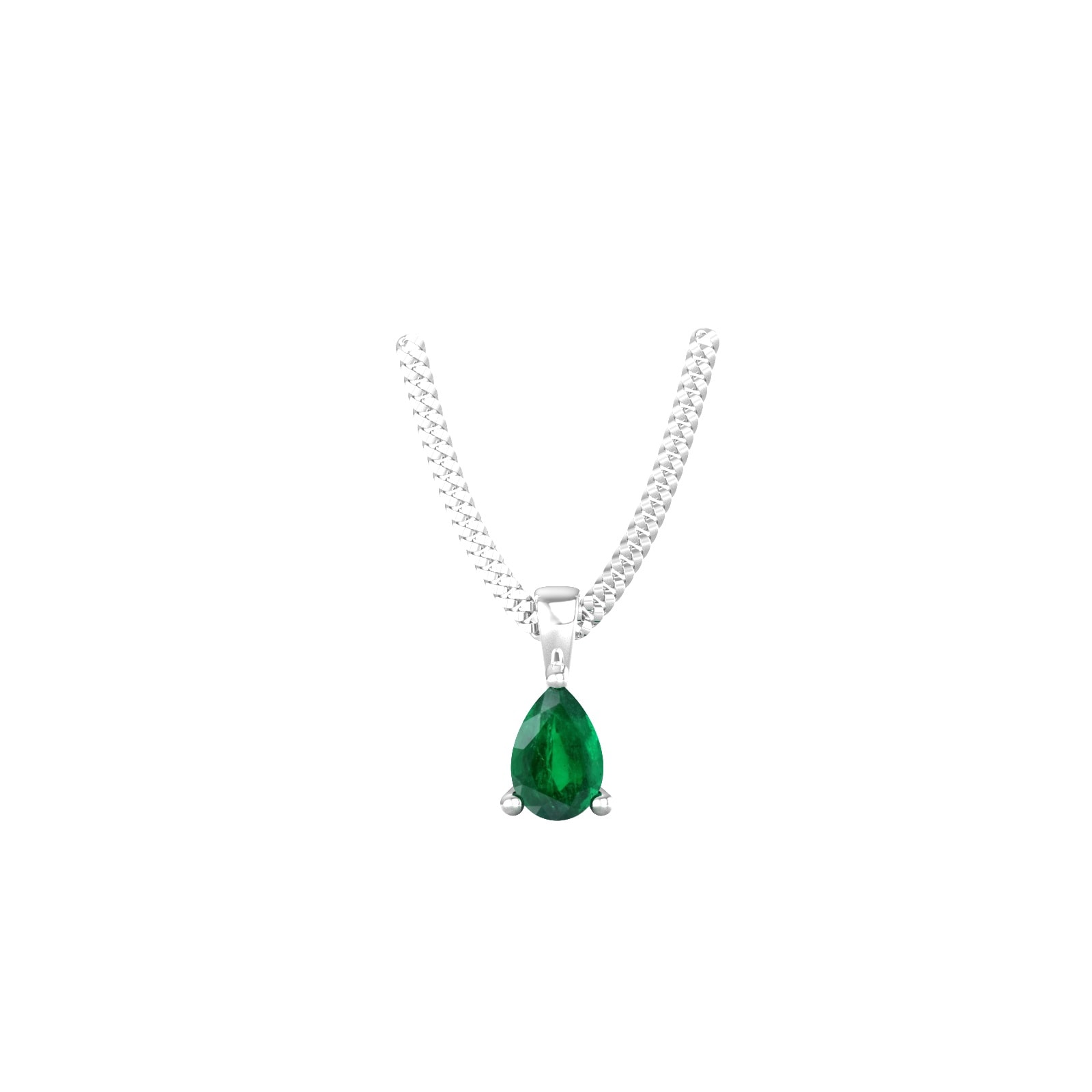 9ct White Gold 4 Claw Pear Cut Emerald Pendant & Chain