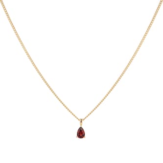 By Request 9ct Yellow Gold 4 Claw Pear Cut Garnet Pendant & Chain By Request 9ct Yellow Gold 4 Claw Pear Cut Garnet Pendant & Chain