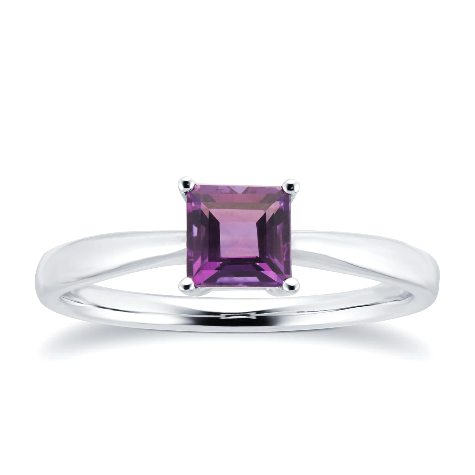9ct White Gold 4 Claw Square Amethyst 5mm x 5mm Ring- Ring Size G