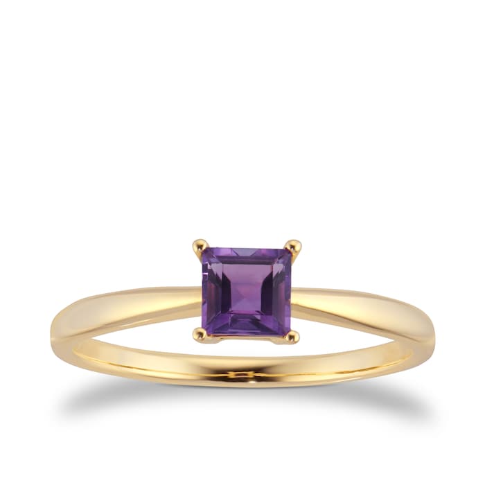 By Request 9ct Yellow Gold 4 Claw Square Amethyst 5mm x 5mm Ring