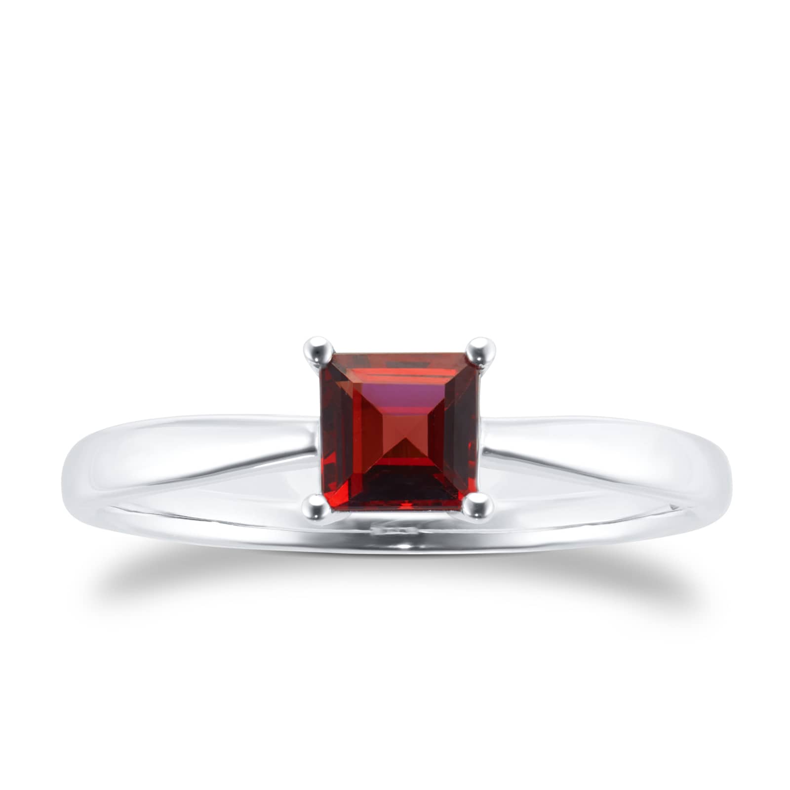 9ct White Gold 4 Claw Square Garnet 5mm x 5mm Ring- Ring Size C.5