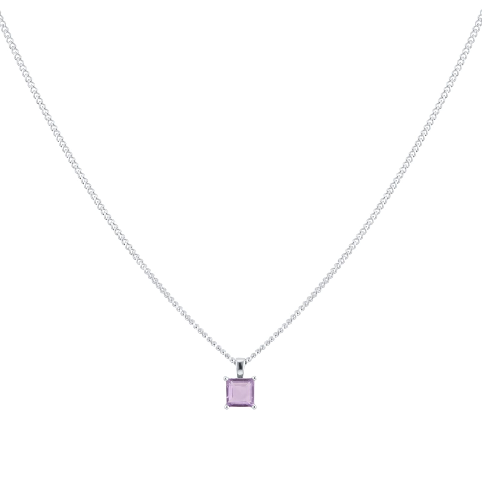 By Request 9ct White Gold 4 Claw Square Amethyst 5mm x 5mm Pendant & Chain