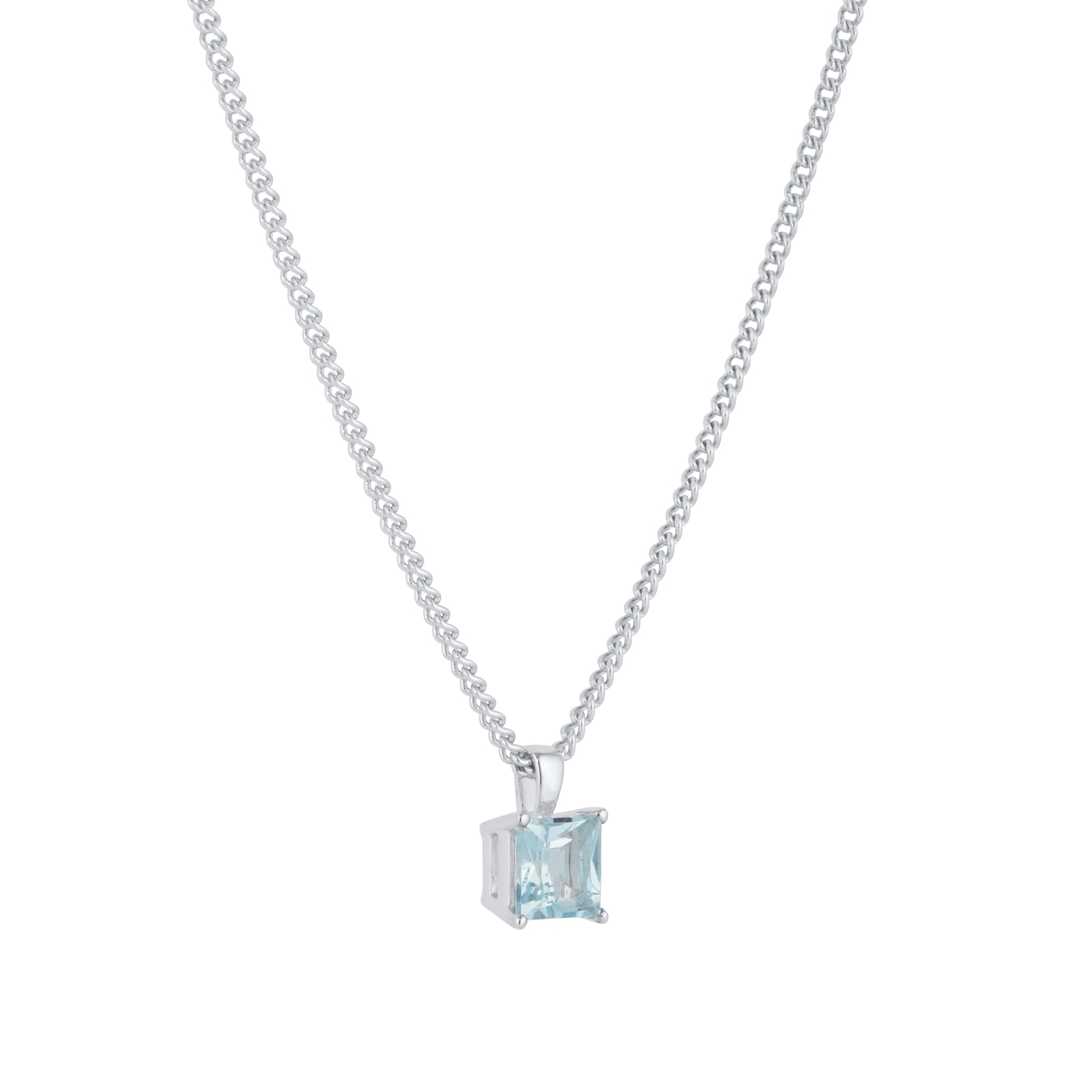 By Request 9ct White Gold 4 Claw Square Aquamarine 5mm x 5mm Pendant & Chain