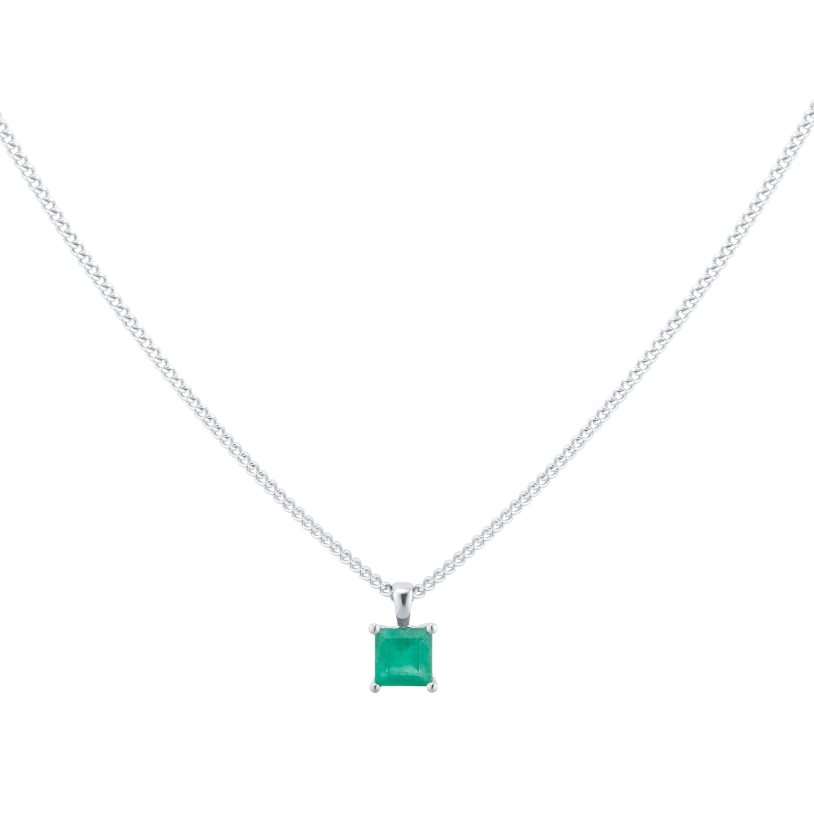 By Request 9ct White Gold 4 Claw Square Emerald 5mm x 5mm Pendant & Chain