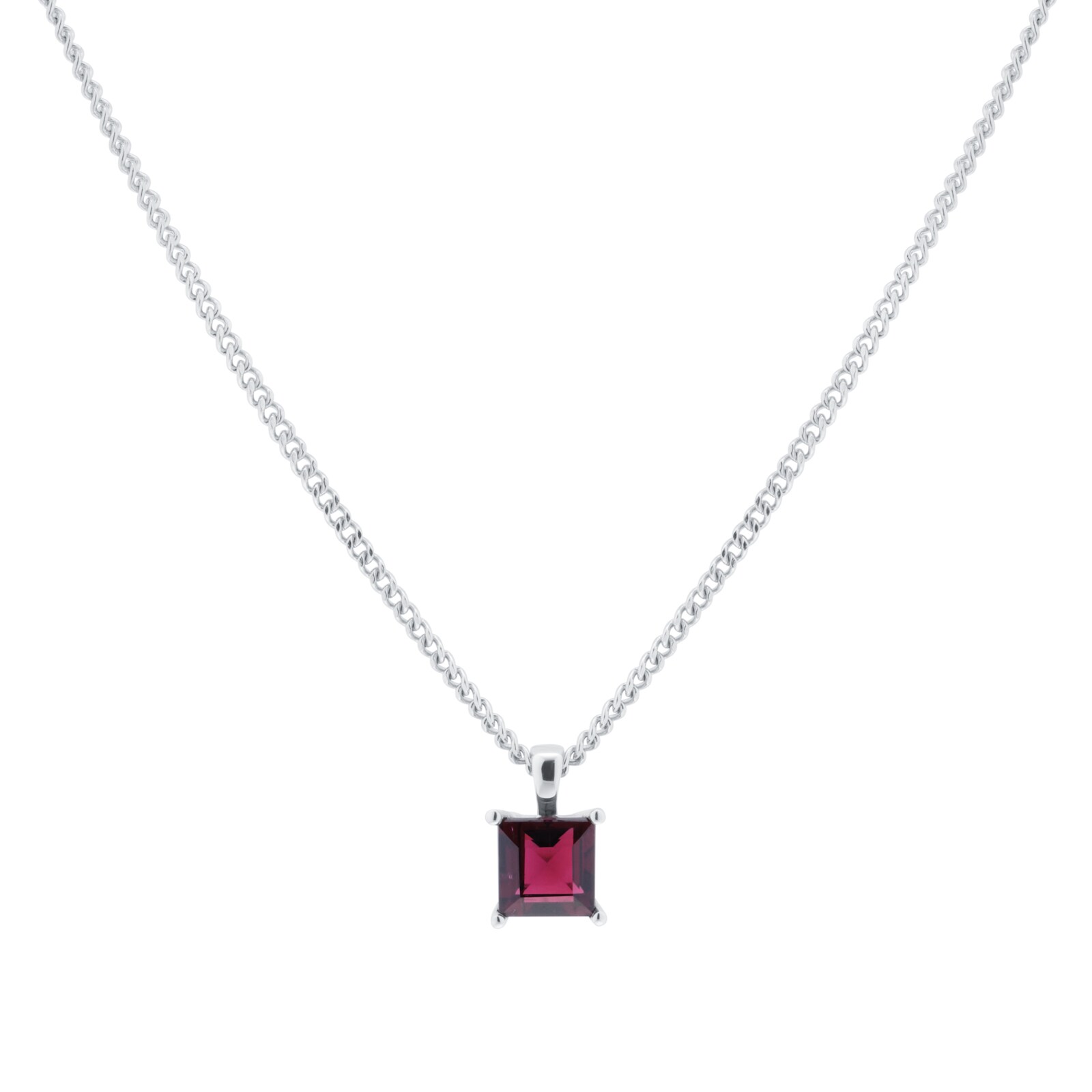 By Request 9ct White Gold 4 Claw Square Garnet 5mm x 5mm Pendant & Chain