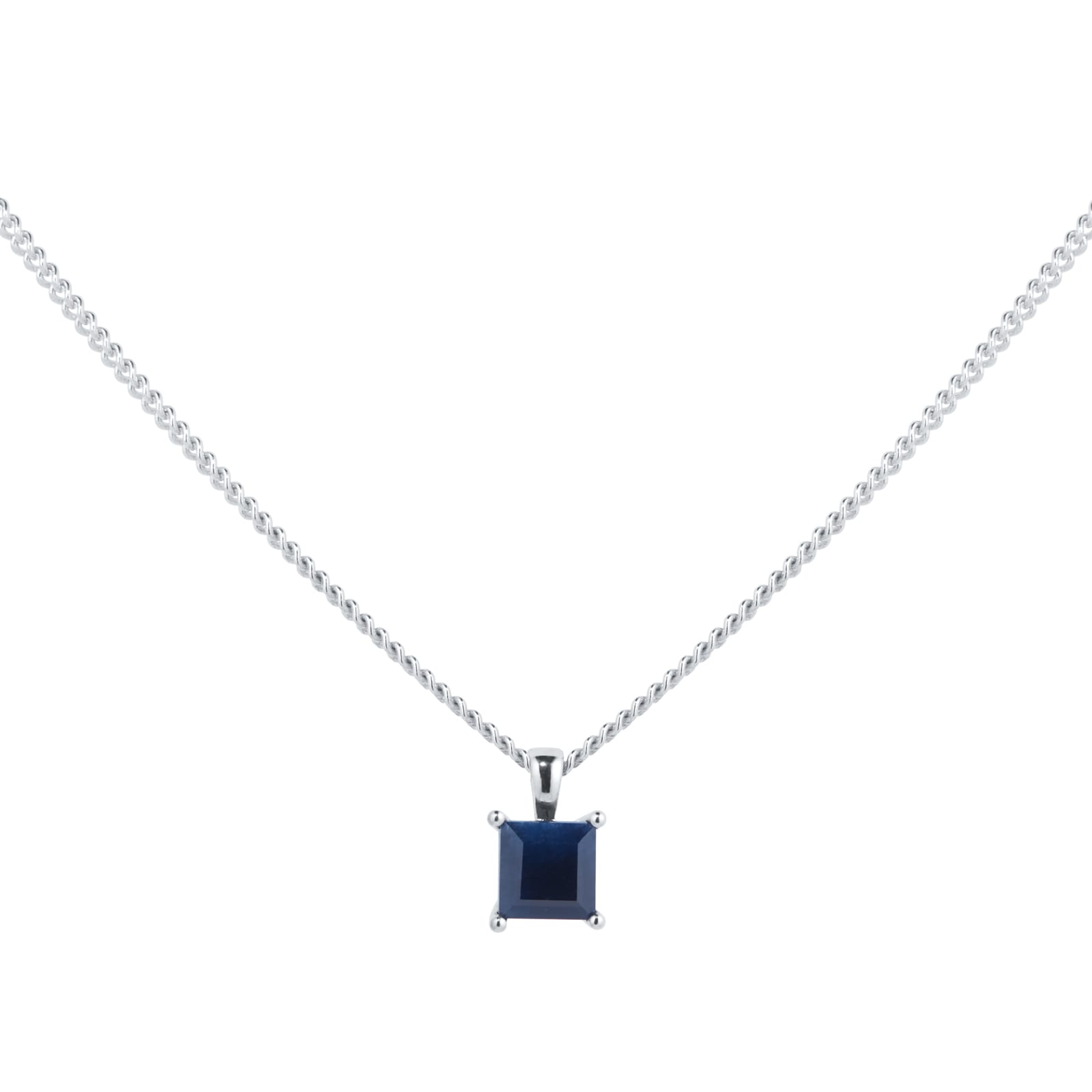 By Request 9ct White Gold 4 Claw Square Sapphire 5mm x 5mm Pendant & Chain