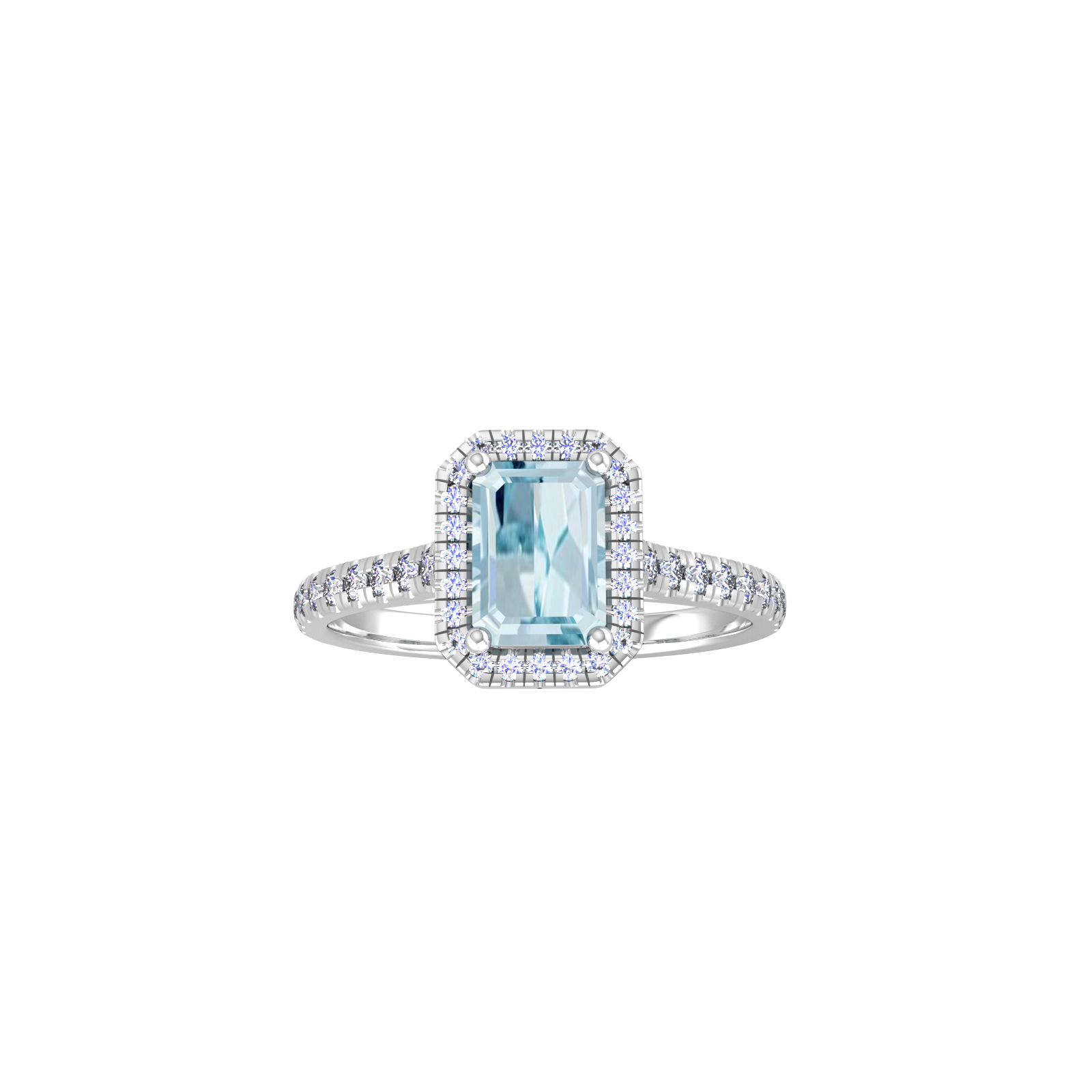 9ct White Gold Aquamarine & Diamond Halo Ring with Diamond Shoulders - Ring Size J