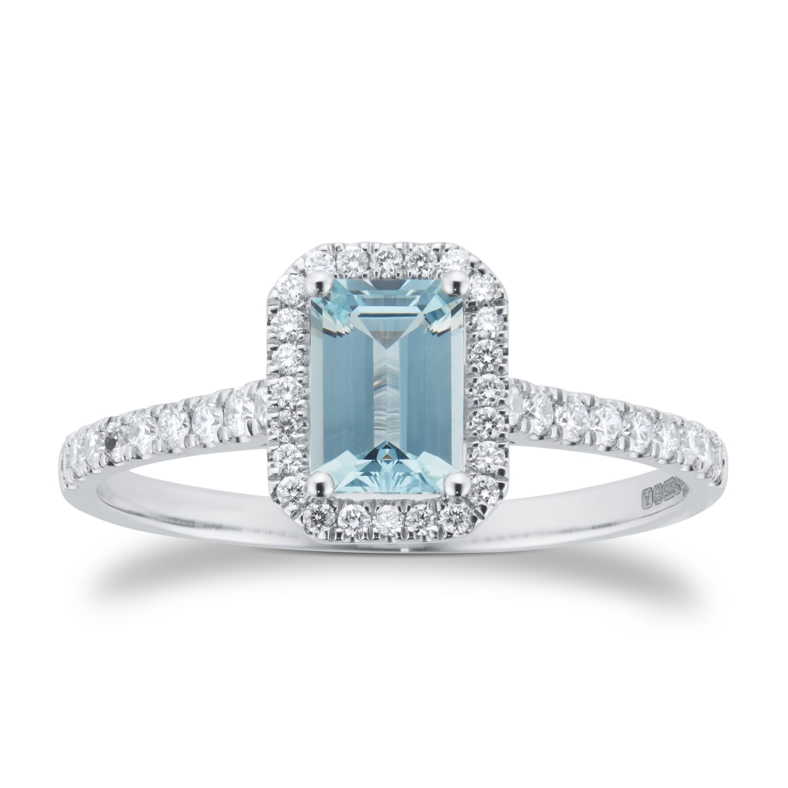 By Request 9ct White Gold Aquamarine & Diamond Halo Ring with Diamond Shoulders - Ring Size R.5 By Request 9ct White Gold Aquamarine & Diamond Halo Ring with Diamond Shoulders - Ring Size R.5