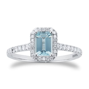 By Request 9ct White Gold Aquamarine & Diamond Halo Ring with Diamond Shoulders
