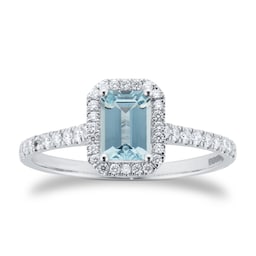 37894425 - 9ct White Gold Aquamarine & Diamond Halo Ring with Diamond Shoulders