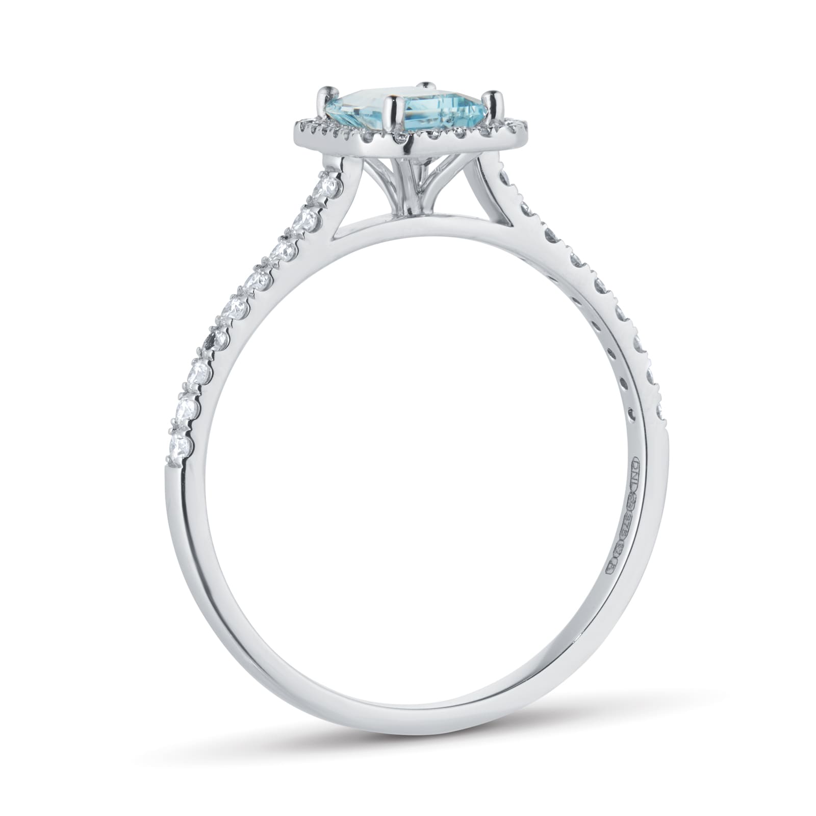 By Request 9ct White Gold Aquamarine & Diamond Halo Ring with Diamond Shoulders - Ring Size R.5 By Request 9ct White Gold Aquamarine & Diamond Halo Ring with Diamond Shoulders - Ring Size R.5