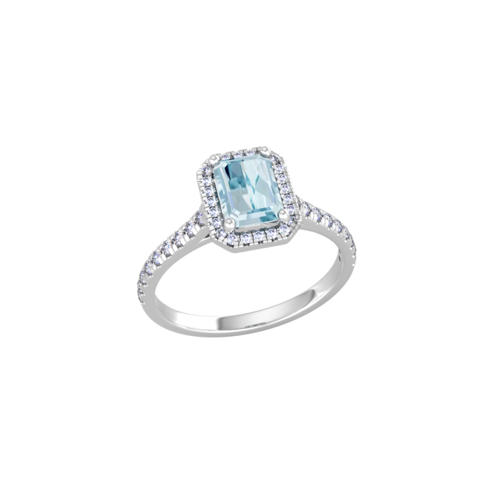 By Request 9ct White Gold Aquamarine & Diamond Halo Ring with Diamond Shoulders