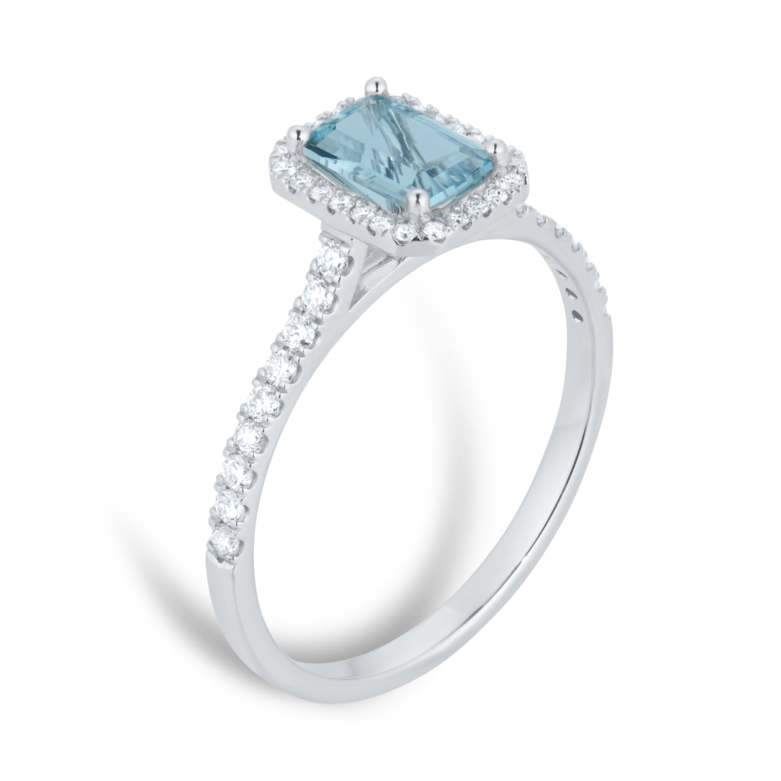 By Request 9ct White Gold Aquamarine & Diamond Halo Ring with Diamond Shoulders - Ring Size R.5 By Request 9ct White Gold Aquamarine & Diamond Halo Ring with Diamond Shoulders - Ring Size R.5