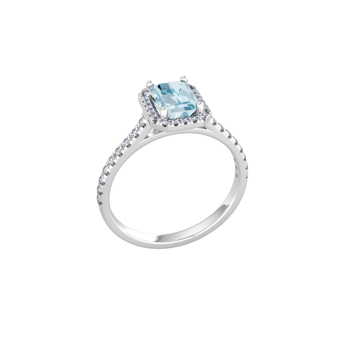 By Request 9ct White Gold Aquamarine & Diamond Halo Ring with Diamond Shoulders