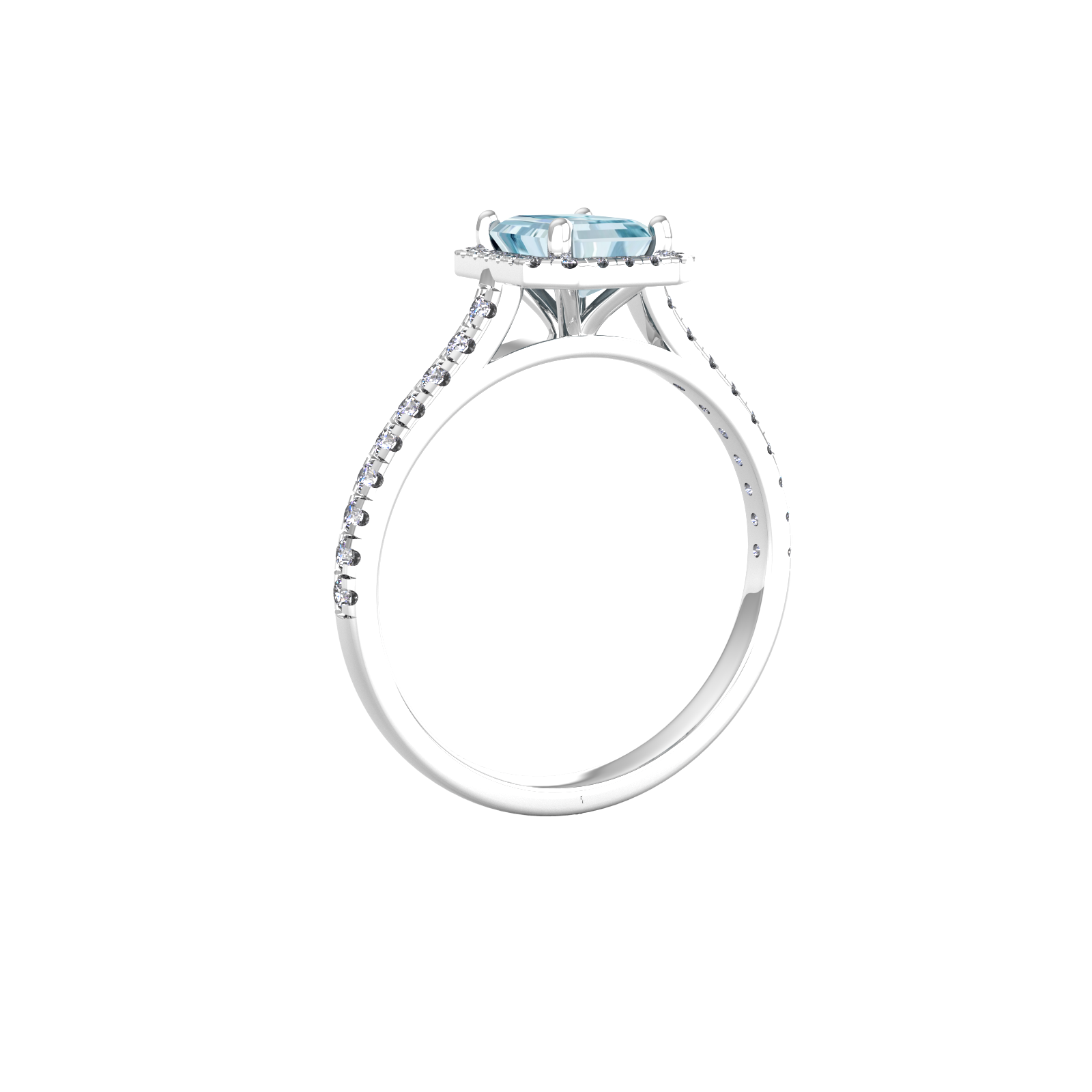 By Request 9ct White Gold Aquamarine & Diamond Halo Ring with Diamond Shoulders - Ring Size R.5 By Request 9ct White Gold Aquamarine & Diamond Halo Ring with Diamond Shoulders - Ring Size R.5