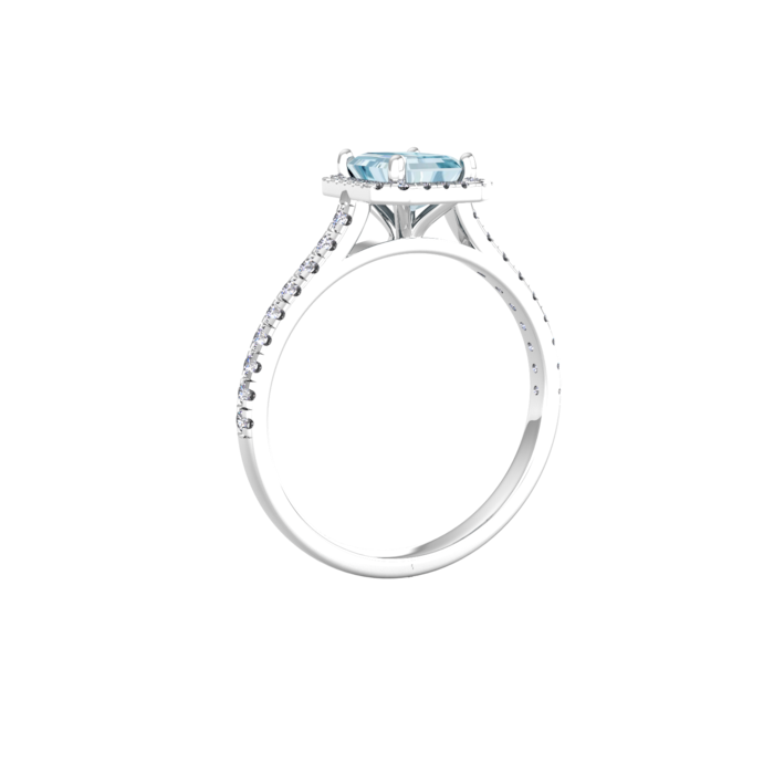 By Request 9ct White Gold Aquamarine & Diamond Halo Ring with Diamond Shoulders