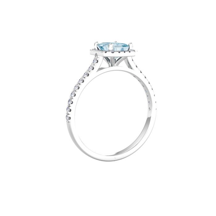 By Request 9ct White Gold Aquamarine & Diamond Halo Ring with Diamond Shoulders - Ring Size B