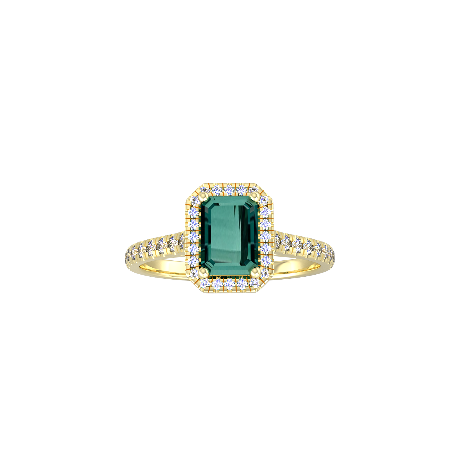 9ct Yellow Gold Green Tourmaline & Diamond Halo Ring with Diamond Shoulders - Ring Size D