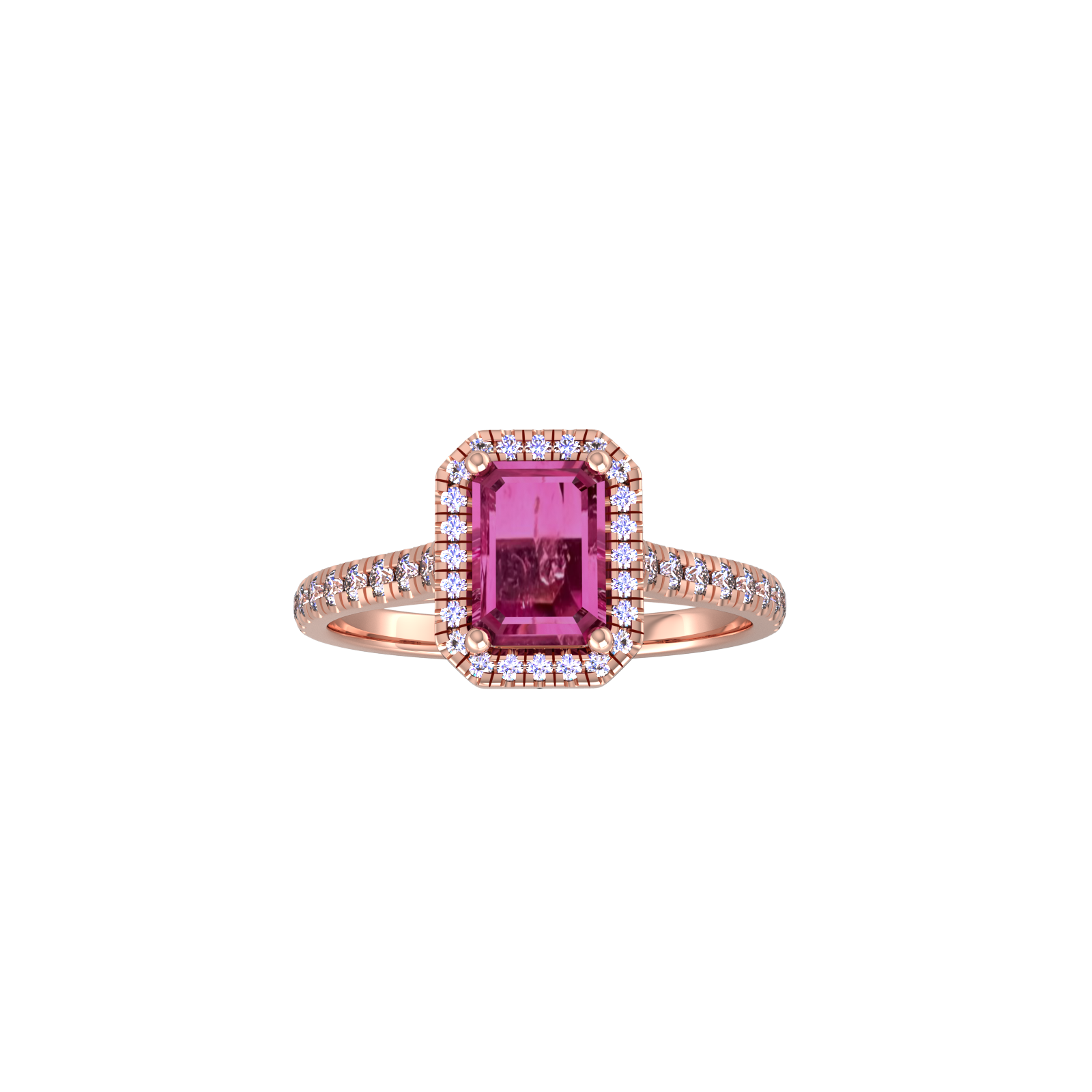 9ct Rose Gold Pink Tourmaline & Diamond Halo Ring with Diamond Shoulders - Ring Size Y.5