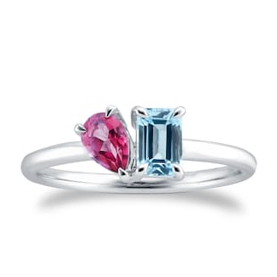 By Request 18ct White Gold Moi Et Toi Pear Pink Topaz & Rectangular Blue Topaz Ring