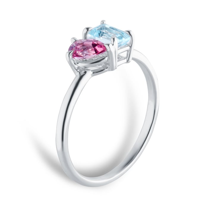 By Request 18ct White Gold Moi Et Toi Pear Pink Topaz & Rectangular Blue Topaz Ring