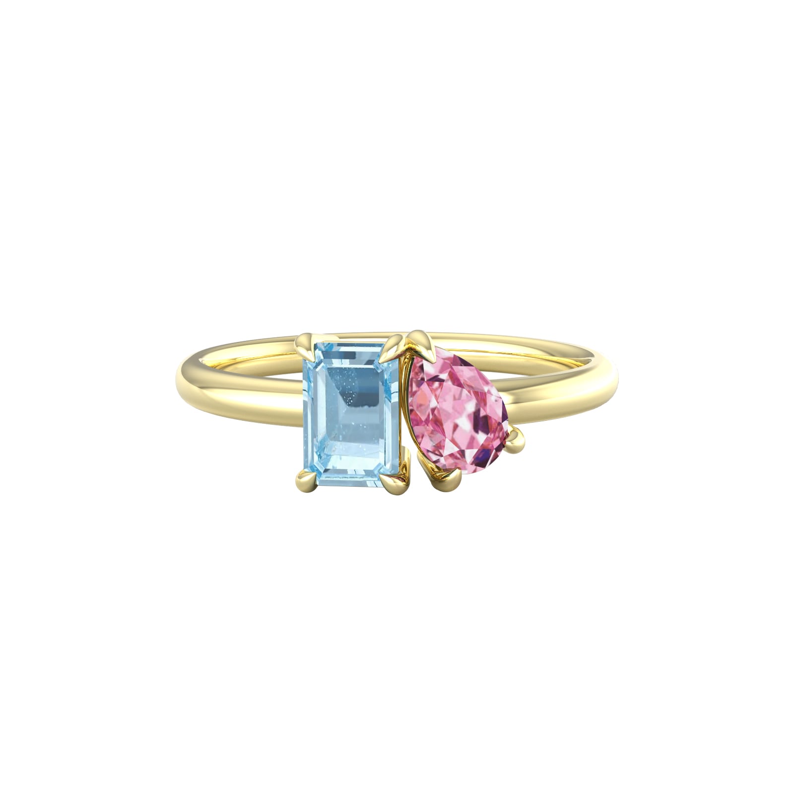 9ct Yellow Gold Moi Et Toi Pear Pink Topaz & Rectangular Blue Topaz Ring