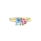 By Request 9ct Yellow Gold Moi Et Toi Pear Pink Topaz & Rectangular Blue Topaz Ring