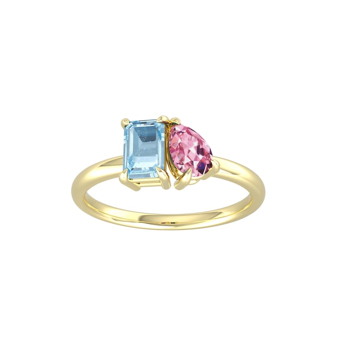 By Request 9ct Yellow Gold Moi Et Toi Pear Pink Topaz & Rectangular Blue Topaz Ring