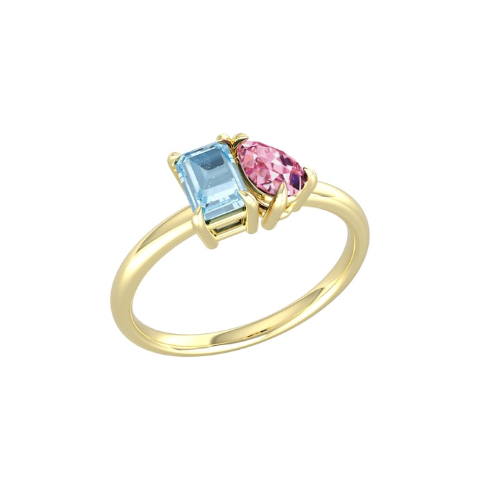 By Request 9ct Yellow Gold Moi Et Toi Pear Pink Topaz & Rectangular Blue Topaz Ring