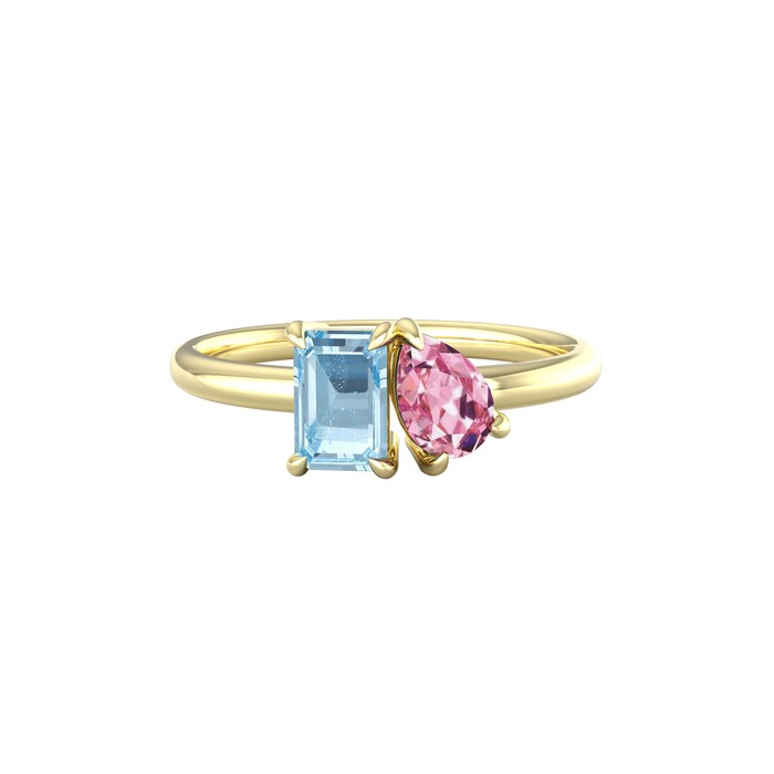 By Request 18ct Yellow Gold Moi Et Toi Pear Pink Topaz & Rectangular Blue Topaz Ring
