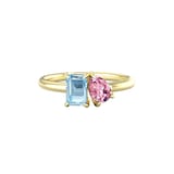 By Request 18ct Yellow Gold Moi Et Toi Pear Pink Topaz & Rectangular Blue Topaz Ring