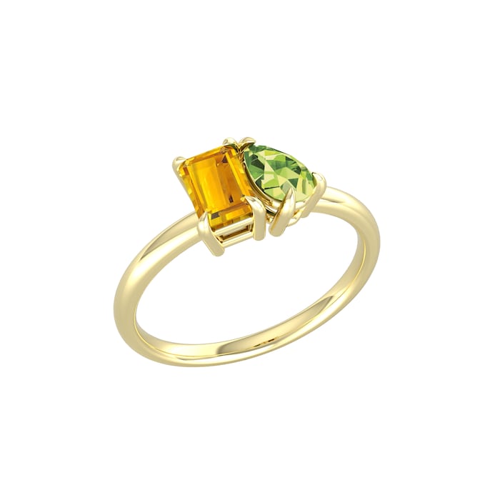 By Request 9ct Yellow Gold Moi Et Toi Pear Peridot & Rectangular Citrine Ring