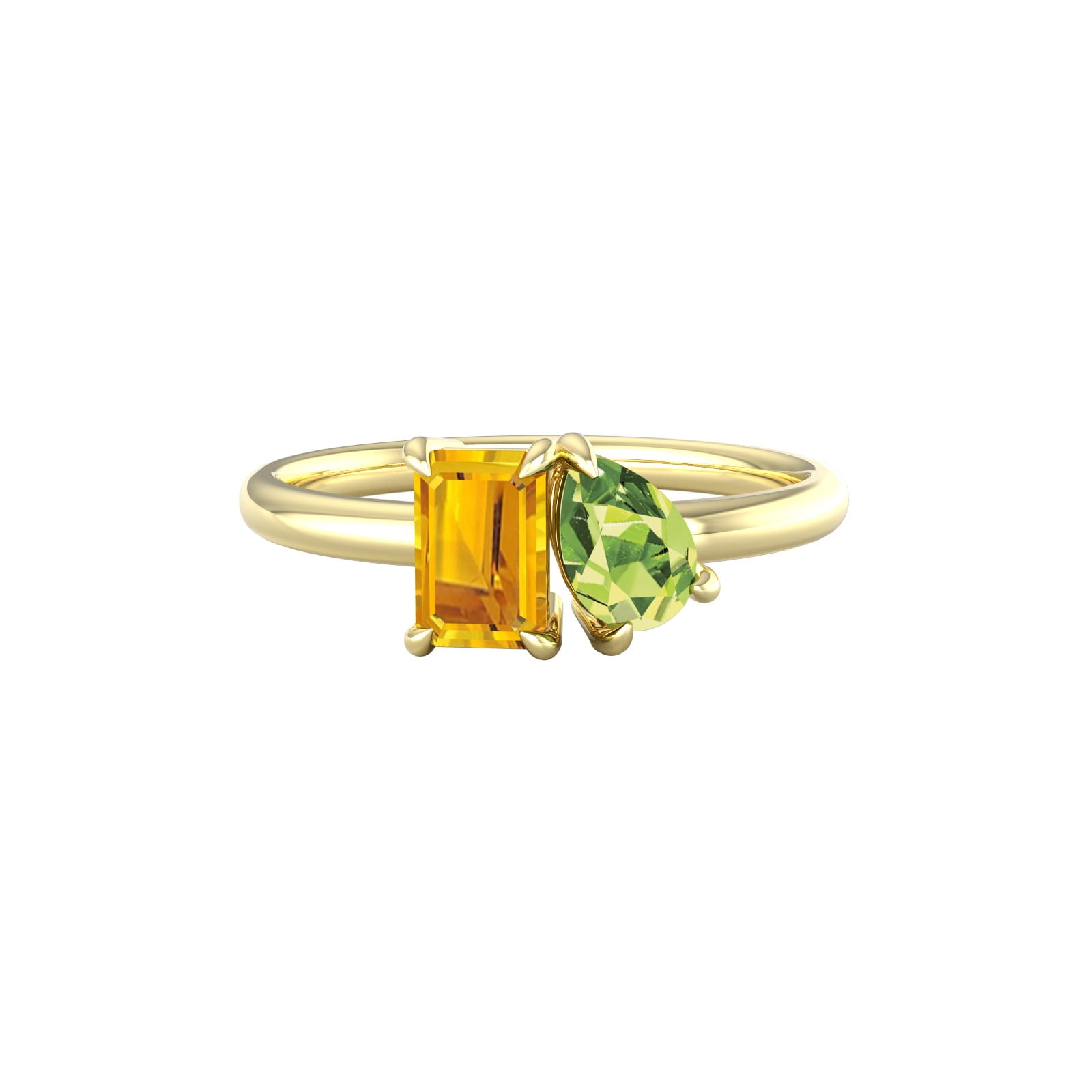 18ct Yellow Gold Moi Et Toi Pear Peridot & Rectangular Citrine Ri