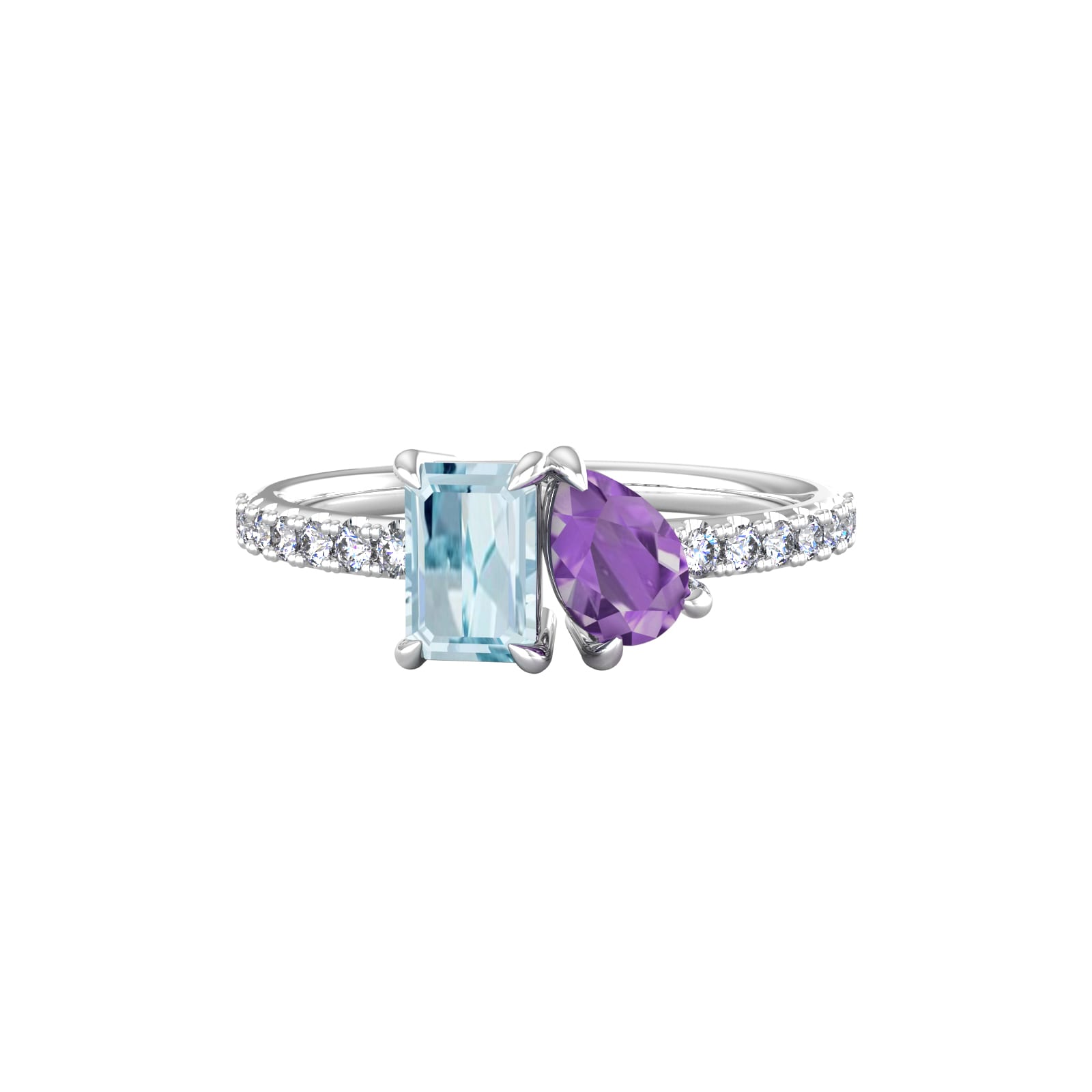 By Request 9ct White Gold Moi Et Toi Pear Amethyst & Rectangular Aquamarine Ring - Ring Size S.5 By Request 9ct White Gold Moi Et Toi Pear Amethyst & Rectangular Aquamarine Ring - Ring Size S.5