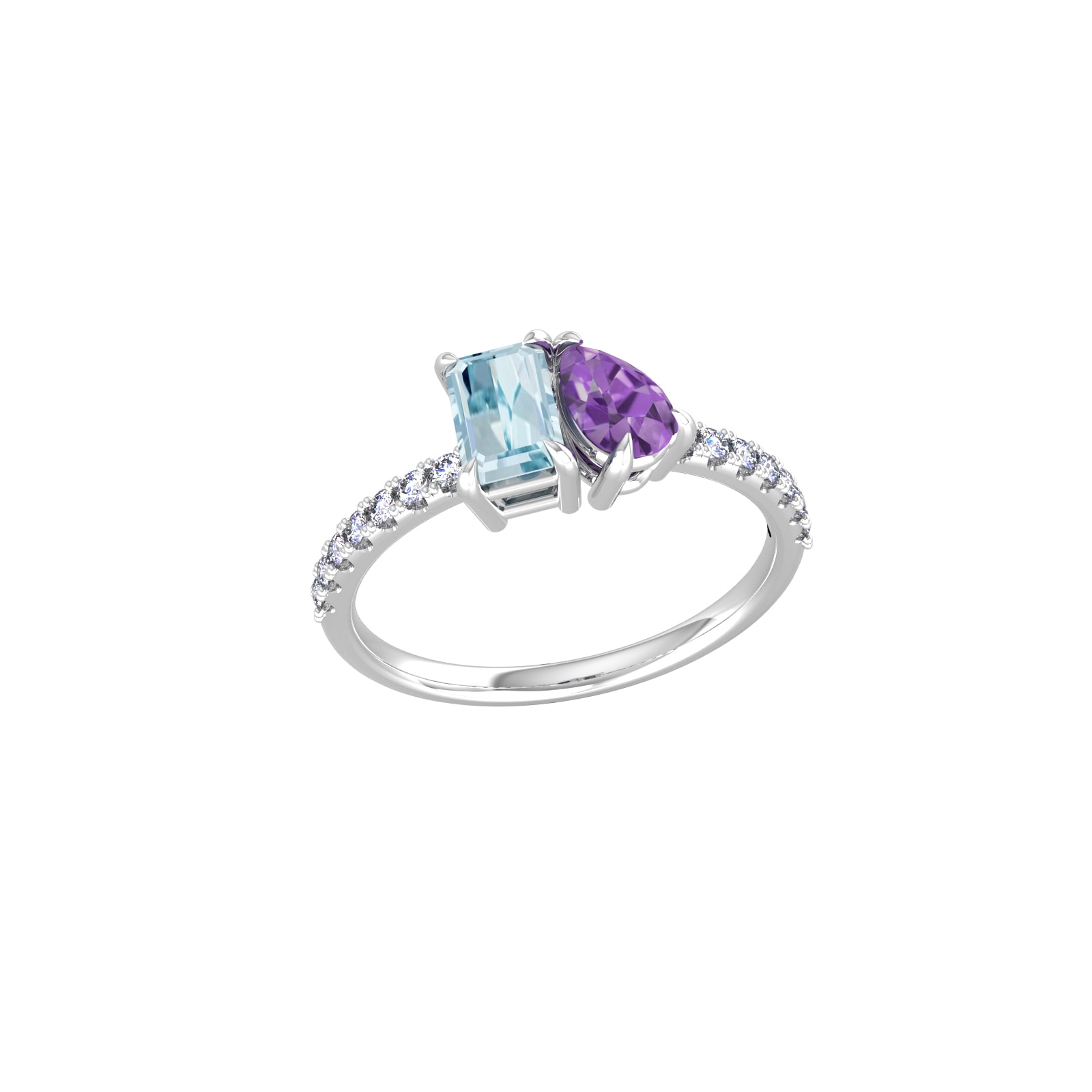 By Request 9ct White Gold Moi Et Toi Pear Amethyst & Rectangular Aquamarine Ring - Ring Size S.5 By Request 9ct White Gold Moi Et Toi Pear Amethyst & Rectangular Aquamarine Ring - Ring Size S.5