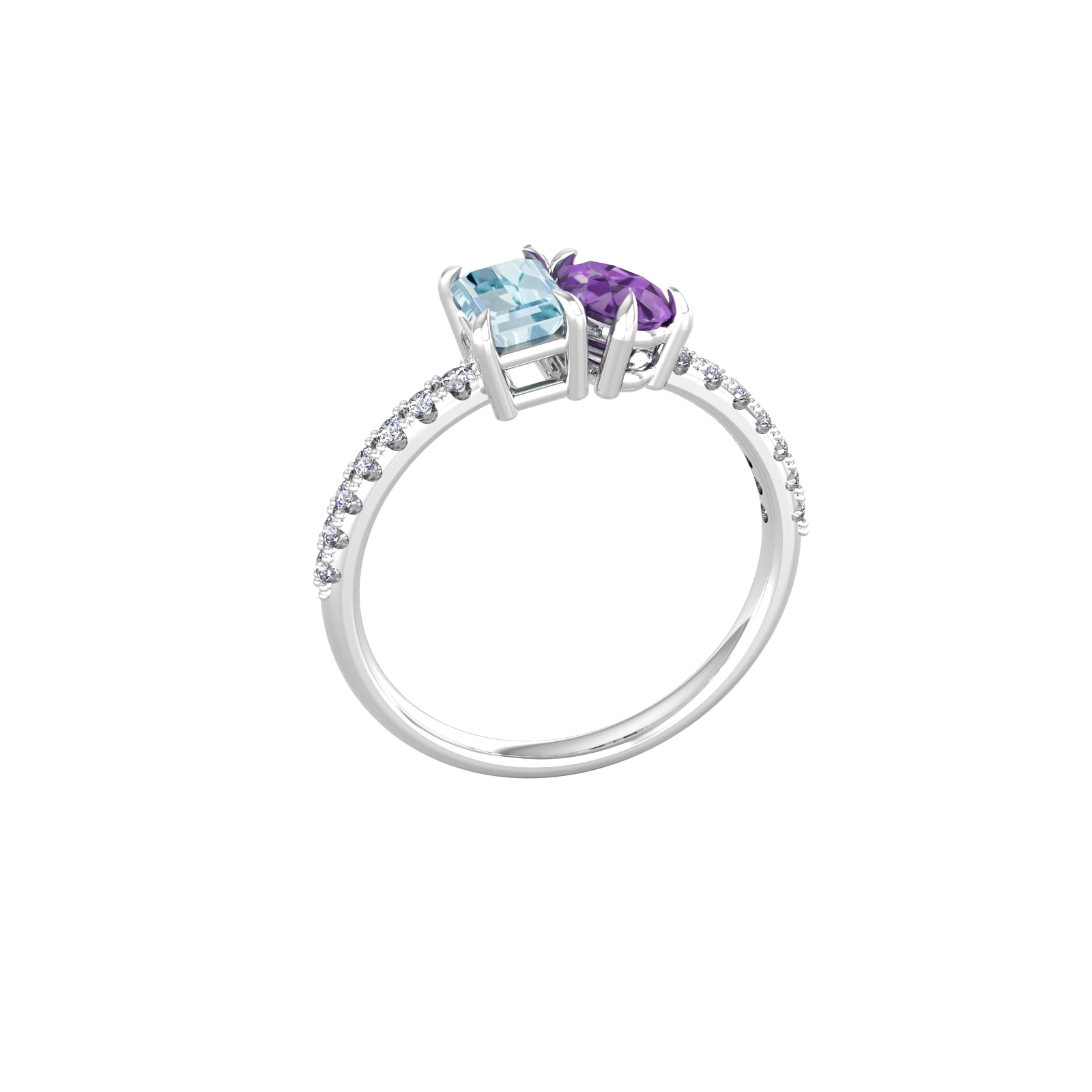 By Request 9ct White Gold Moi Et Toi Pear Amethyst & Rectangular Aquamarine Ring - Ring Size S.5 By Request 9ct White Gold Moi Et Toi Pear Amethyst & Rectangular Aquamarine Ring - Ring Size S.5
