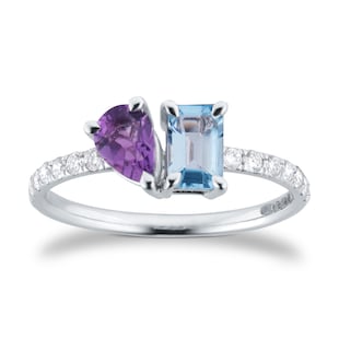By Request 18ct White Gold Moi Et Toi Pear Amethyst & Rectangular Aquamarine Ring