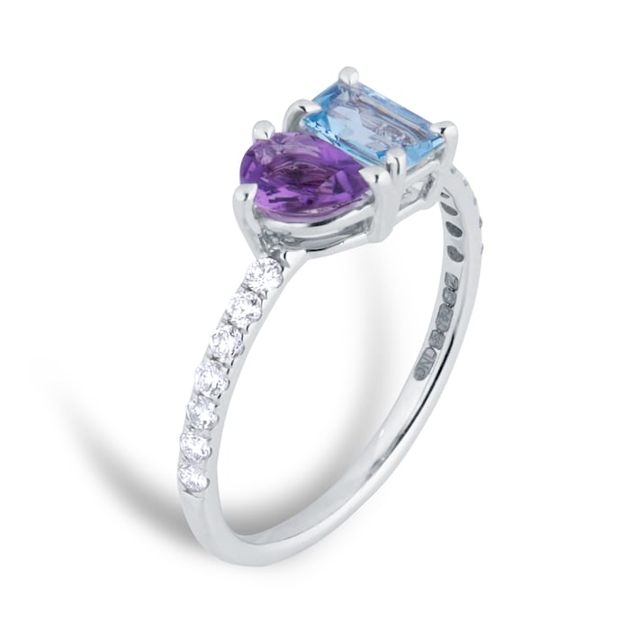 By Request 18ct White Gold Moi Et Toi Pear Amethyst & Rectangular Aquamarine Ring