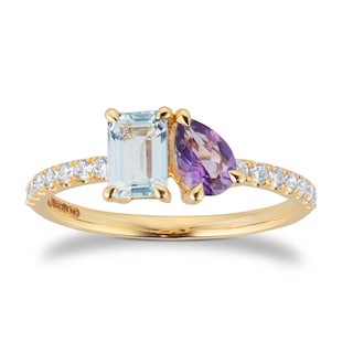 By Request 9ct Yellow Gold Moi Et Toi Pear Amethyst & Rectangular Aquamarine Ring