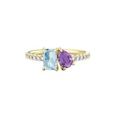 By Request 9ct Yellow Gold Moi Et Toi Pear Amethyst & Rectangular Aquamarine Ring